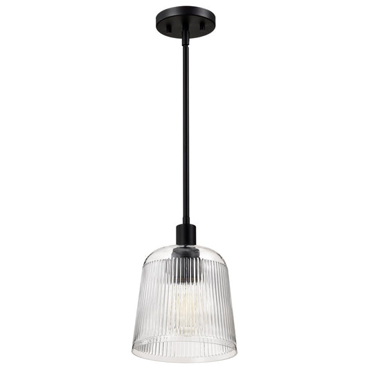 Nuvo Lighting Grayson 8in 1-Light Small Pendant | Transitional Matte Black Steel and Clear Ribbed Glass | Kitchen Island & Dining Room | 8 | Model 60-8606