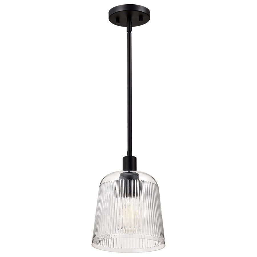 Nuvo Lighting Grayson 8in 1-Light Small Pendant | Transitional Matte Black Steel and Clear Ribbed Glass | Kitchen Island & Dining Room | 8 | Model 60-8606