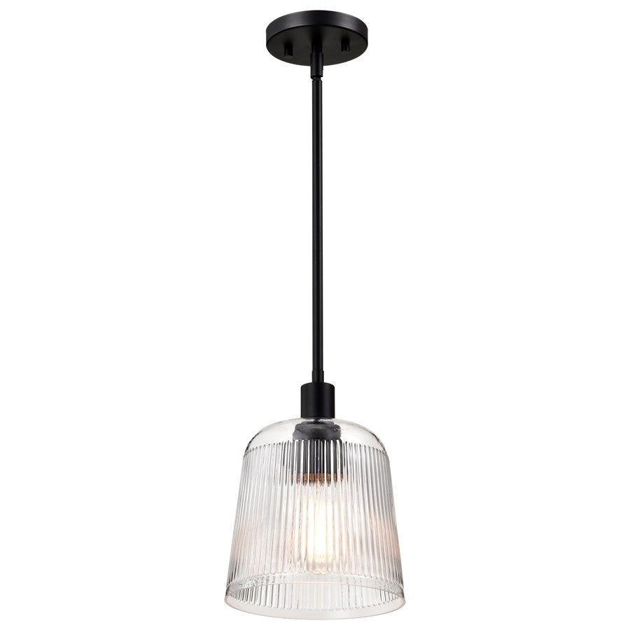 Nuvo Lighting Grayson 8in 1-Light Small Pendant | Transitional Matte Black Steel and Clear Ribbed Glass | Kitchen Island & Dining Room | 8 | Model 60-8606