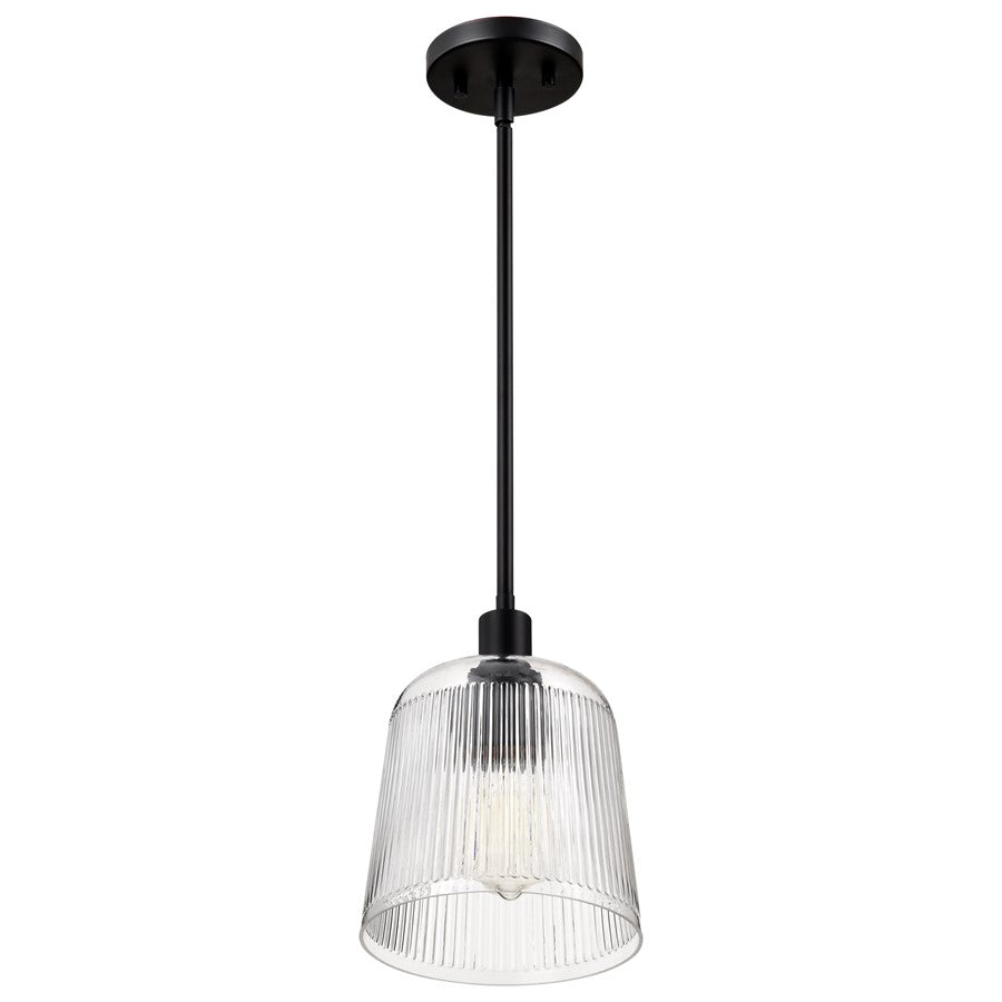 Nuvo Lighting Grayson 8in 1-Light Small Pendant | Transitional Matte Black Steel and Clear Ribbed Glass | Kitchen Island & Dining Room | 8 | Model 60-8606