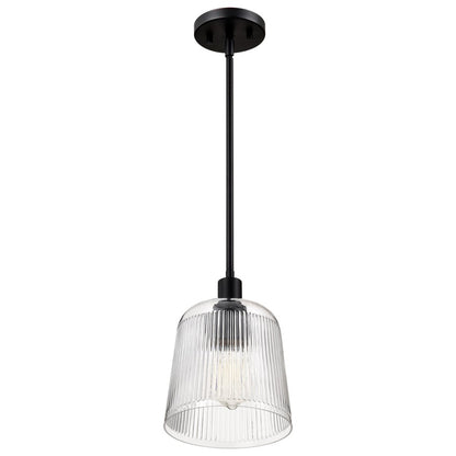Nuvo Lighting Grayson 8in 1-Light Small Pendant | Transitional Matte Black Steel and Clear Ribbed Glass | Kitchen Island & Dining Room | 8 | Model 60-8606