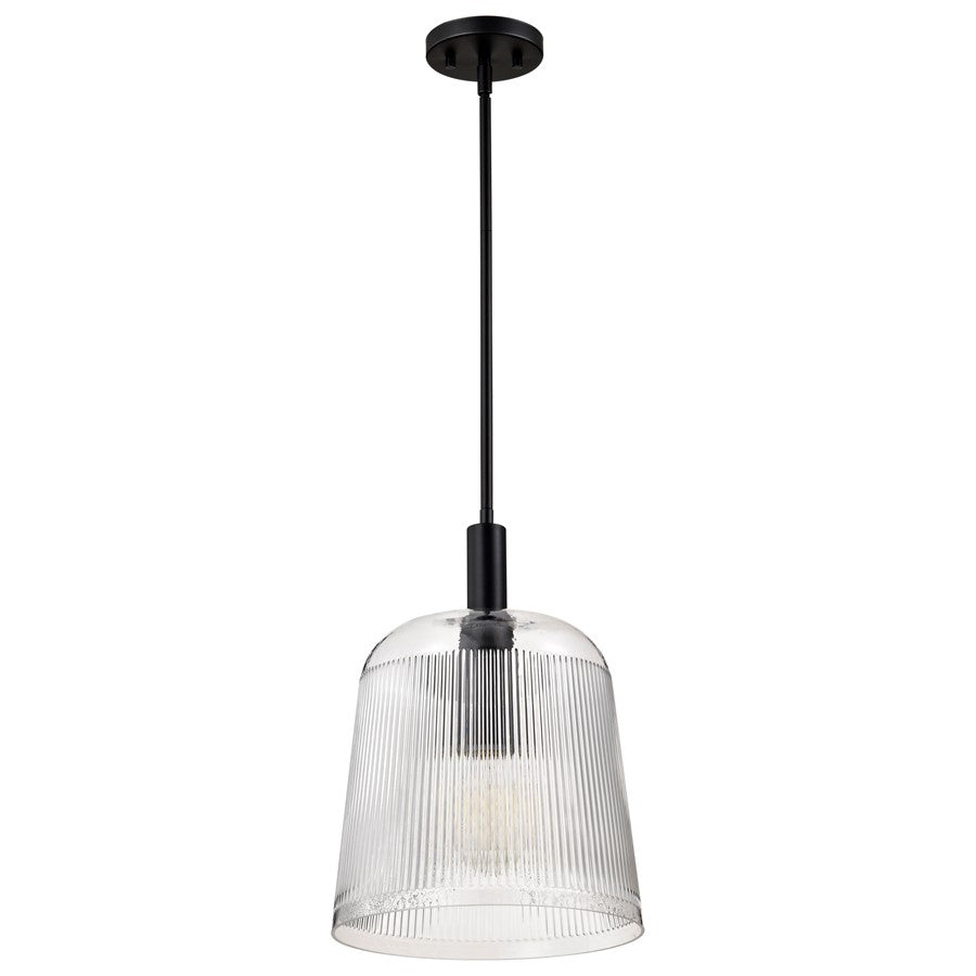 Nuvo Lighting Grayson 12in 1-Light Pendant | Industrial Matte Black Steel and Clear Ribbed Glass | Kitchen Island & Dining Room | 12 x 12 | Model 60-8607