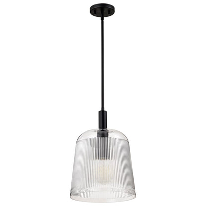 Nuvo Lighting Grayson 12in 1-Light Pendant | Industrial Matte Black Steel and Clear Ribbed Glass | Kitchen Island & Dining Room | 12 x 12 | Model 60-8607