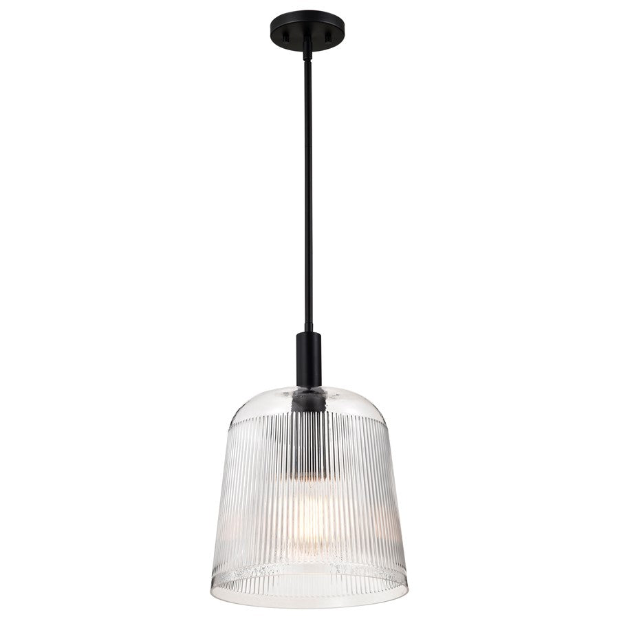 Nuvo Lighting Grayson 12in 1-Light Pendant | Industrial Matte Black Steel and Clear Ribbed Glass | Kitchen Island & Dining Room | 12 x 12 | Model 60-8607