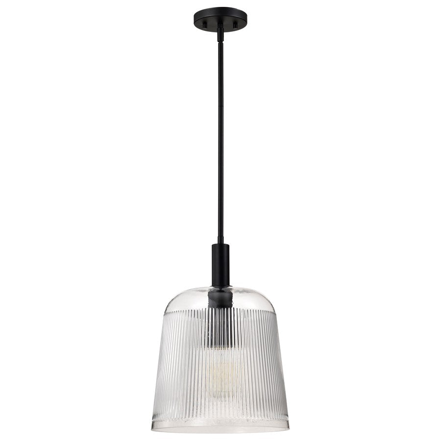 Nuvo Lighting Grayson 12in 1-Light Pendant | Industrial Matte Black Steel and Clear Ribbed Glass | Kitchen Island & Dining Room | 12 x 12 | Model 60-8607