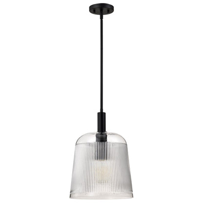 Nuvo Lighting Grayson 12in 1-Light Pendant | Industrial Matte Black Steel and Clear Ribbed Glass | Kitchen Island & Dining Room | 12 x 12 | Model 60-8607