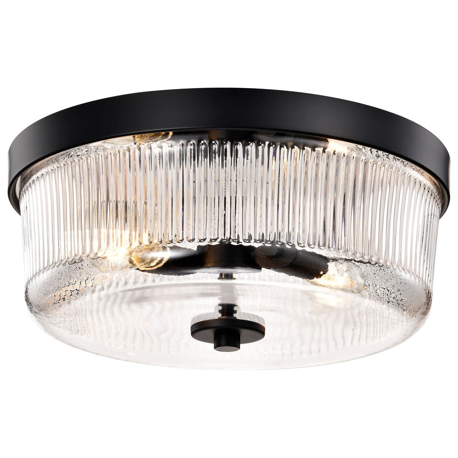 Nuvo Lighting Grayson 13in 2-Light Flush Mount | Transitional Matte Black Steel and Clear Ribbed Glass | Hallway & Entryway | 13 x 13 x 5 | Model 60-8608