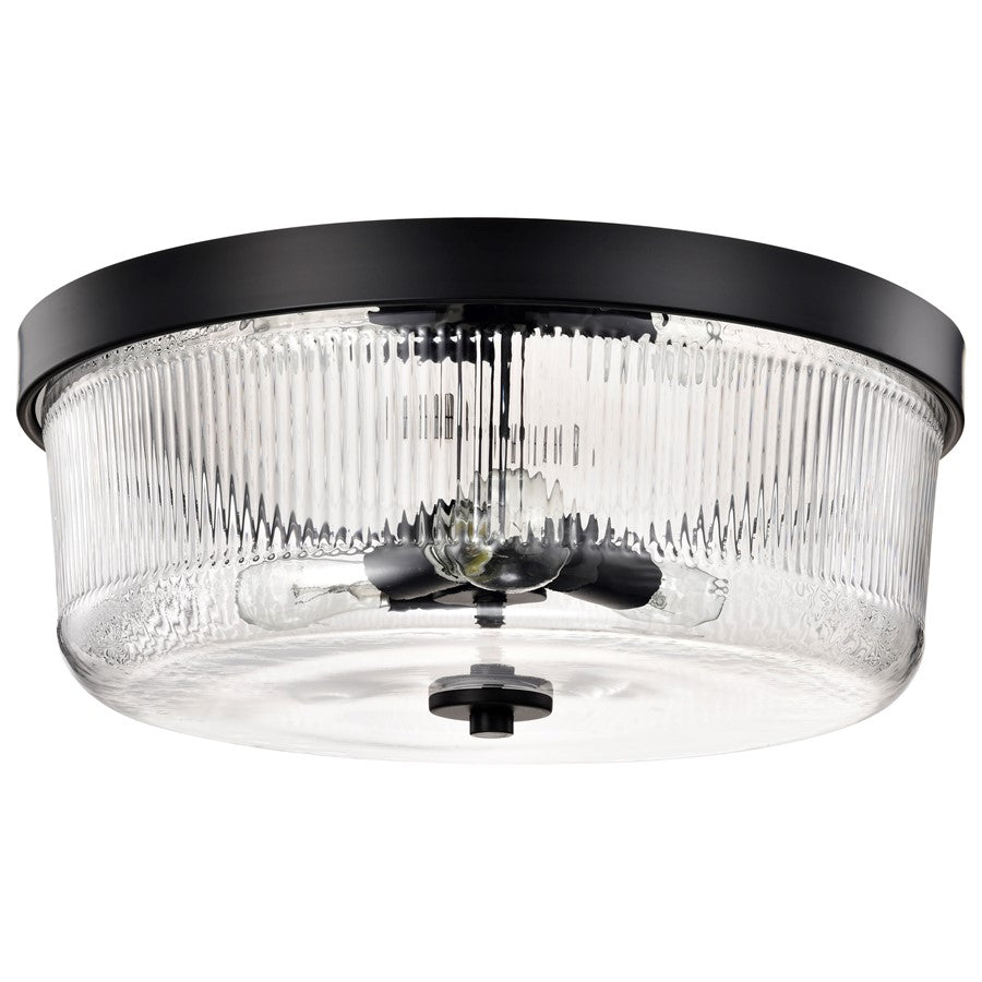 Nuvo Lighting Grayson 17in 3-Light Flush Mount | Industrial Matte Black Steel and Clear Ribbed Glass | Entryway & Hallway | 17 x 17 x 7 in | Model 60-8609