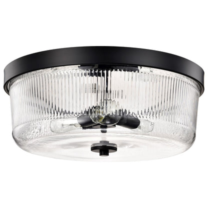 Nuvo Lighting Grayson 17in 3-Light Flush Mount | Industrial Matte Black Steel and Clear Ribbed Glass | Entryway & Hallway | 17 x 17 x 7 in | Model 60-8609