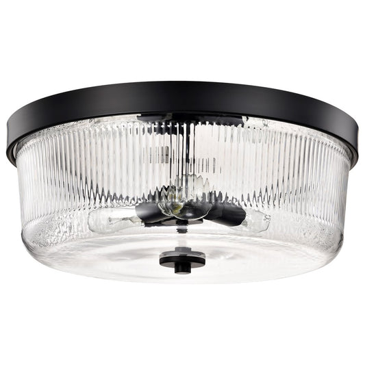 Nuvo Lighting Grayson 17in 3-Light Flush Mount | Industrial Matte Black Steel and Clear Ribbed Glass | Entryway & Hallway | 17 x 17 x 7 in | Model 60-8609