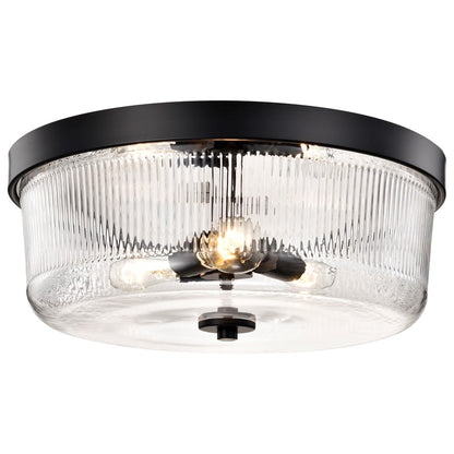 Nuvo Lighting Grayson 17in 3-Light Flush Mount | Industrial Matte Black Steel and Clear Ribbed Glass | Entryway & Hallway | 17 x 17 x 7 in | Model 60-8609