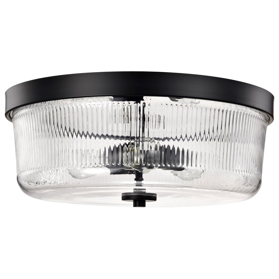 Nuvo Lighting Grayson 17in 3-Light Flush Mount | Industrial Matte Black Steel and Clear Ribbed Glass | Entryway & Hallway | 17 x 17 x 7 in | Model 60-8609