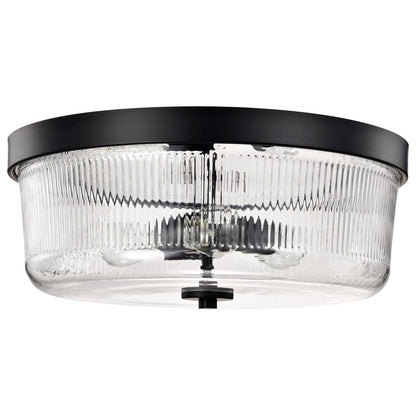 Nuvo Lighting Grayson 17in 3-Light Flush Mount | Industrial Matte Black Steel and Clear Ribbed Glass | Entryway & Hallway | 17 x 17 x 7 in | Model 60-8609
