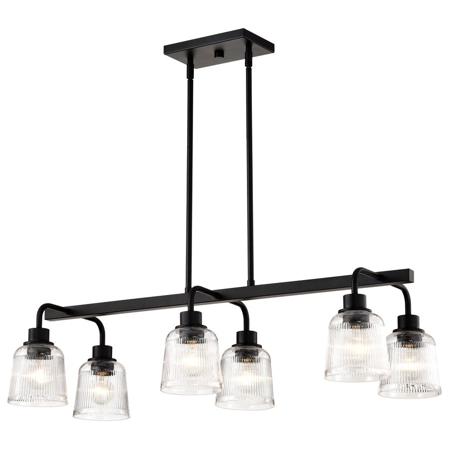 Nuvo Lighting Grayson 34in 6-Light Island Pendant | Transitional Matte Black Steel and Clear Ribbed Glass | Kitchen Island & Dining Room | Model 60-8610
