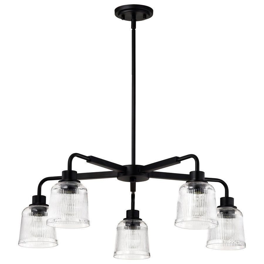 Nuvo Lighting Grayson 30in 5-Light Chandelier | Transitional Matte Black and Clear Ribbed Glass | Dining Room & Living Room | 30 x 30 x 45 | Model 60-8611