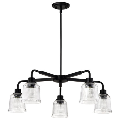 Nuvo Lighting Grayson 30in 5-Light Chandelier | Transitional Matte Black and Clear Ribbed Glass | Dining Room & Living Room | 30 x 30 x 45 | Model 60-8611