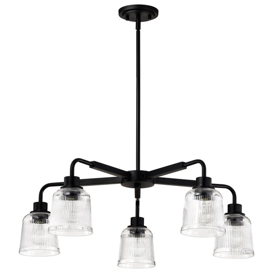Nuvo Lighting Grayson 30in 5-Light Chandelier | Transitional Matte Black and Clear Ribbed Glass | Dining Room & Living Room | 30 x 30 x 45 | Model 60-8611