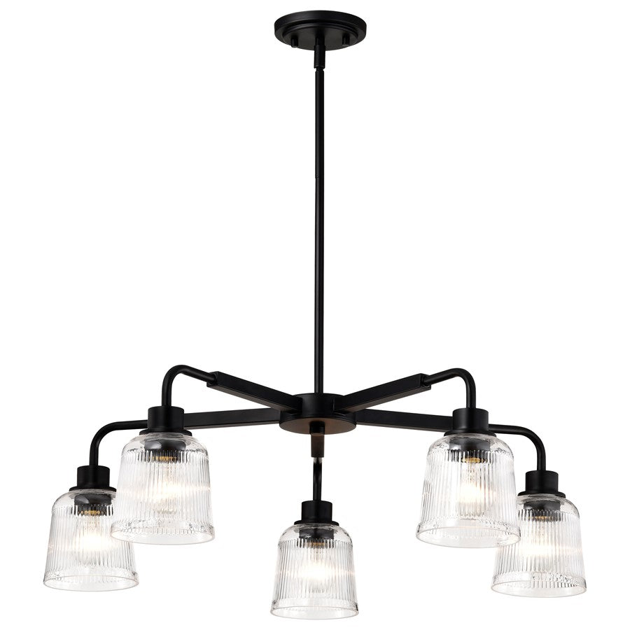 Nuvo Lighting Grayson 30in 5-Light Chandelier | Transitional Matte Black and Clear Ribbed Glass | Dining Room & Living Room | 30 x 30 x 45 | Model 60-8611