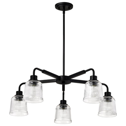 Nuvo Lighting Grayson 30in 5-Light Chandelier | Transitional Matte Black and Clear Ribbed Glass | Dining Room & Living Room | 30 x 30 x 45 | Model 60-8611