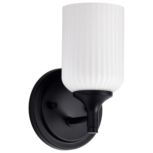 Nuvo Lighting Solara 1-Light Wall Sconce | Transitional Matte Black Steel and Frosted Ribbed Glass | Bathroom & Hallway Accent | 5 x 5 x 8 | Model 60-8641