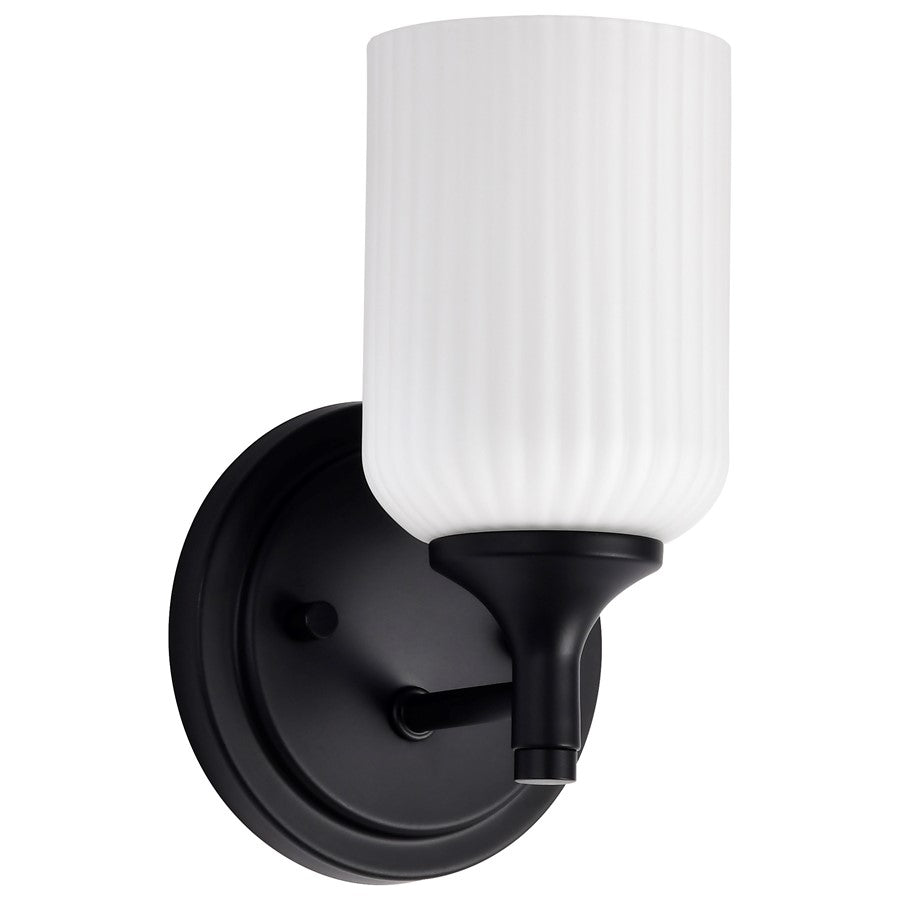 Nuvo Lighting Solara 1-Light Wall Sconce | Transitional Matte Black Steel and Frosted Ribbed Glass | Bathroom & Hallway Accent | 5 x 5 x 8 | Model 60-8641