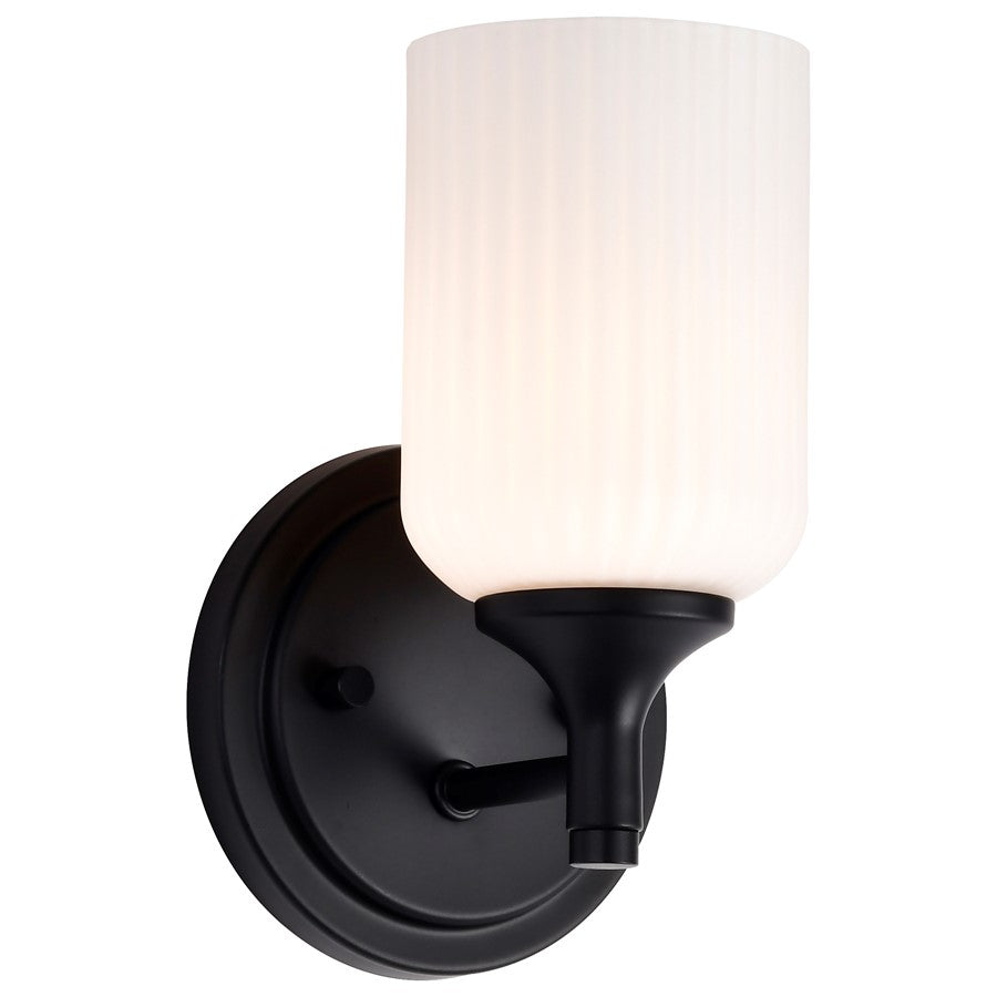 Nuvo Lighting Solara 1-Light Wall Sconce | Transitional Matte Black Steel and Frosted Ribbed Glass | Bathroom & Hallway Accent | 5 x 5 x 8 | Model 60-8641