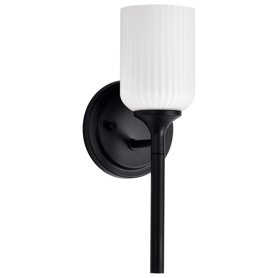 Nuvo Lighting Solara 1-Light Wall Sconce | Transitional Matte Black Steel and Frosted Ribbed Glass | Bathroom & Hallway Accent | 5 x 5 x 8 | Model 60-8641