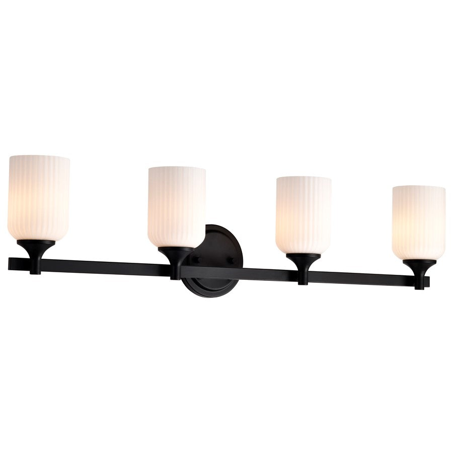 Nuvo Solara 33in 4-Light Vanity Light | Transitional Matte Black Steel and Frosted Ribbed Glass | Bathroom Vanity | 6 x 32 x 8 in | Model 60-8644