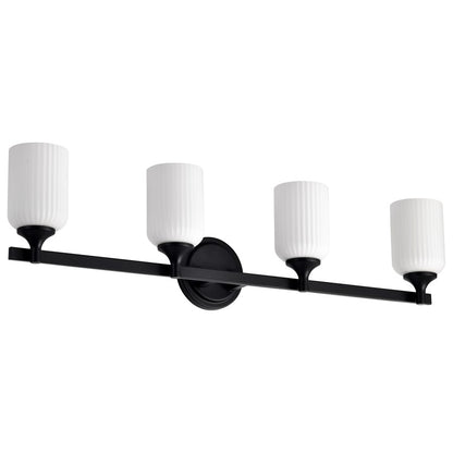 Nuvo Solara 33in 4-Light Vanity Light | Transitional Matte Black Steel and Frosted Ribbed Glass | Bathroom Vanity | 6 x 32 x 8 in | Model 60-8644