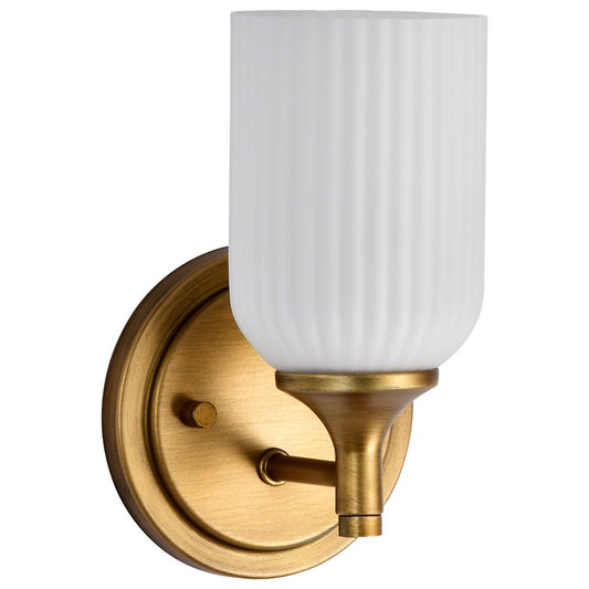 Nuvo Solara 1-Light Wall Sconce | Transitional Natural Brass Steel and Frosted Ribbed Glass | Hallway & Bathroom Accent | 5 x 5 x 8 in | Model 60-8661
