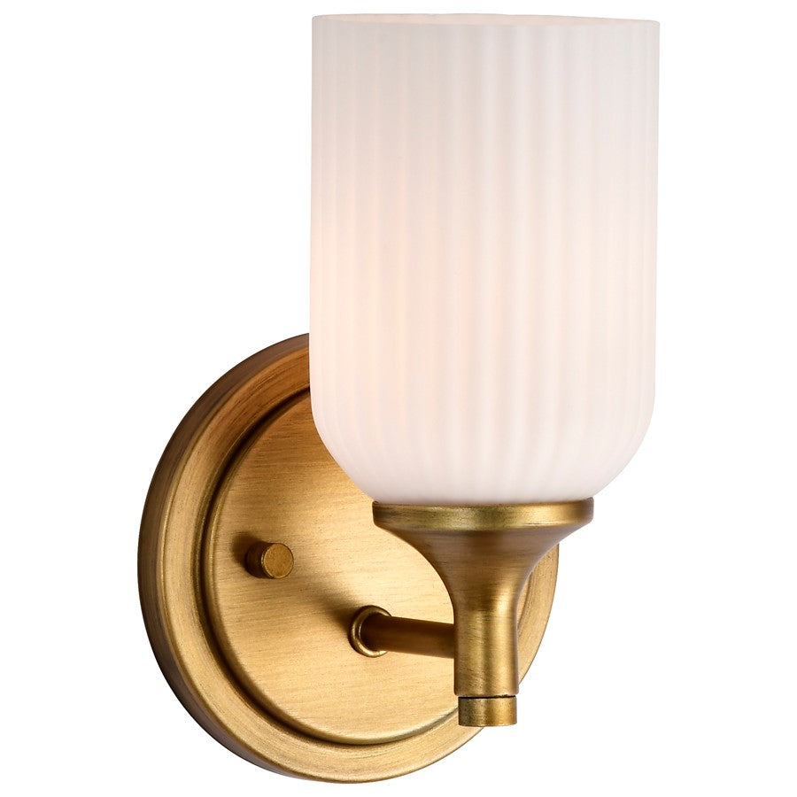 Nuvo Solara 1-Light Wall Sconce | Transitional Natural Brass Steel and Frosted Ribbed Glass | Hallway & Bathroom Accent | 5 x 5 x 8 in | Model 60-8661