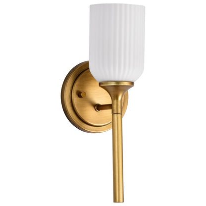 Nuvo Solara 1-Light Wall Sconce | Transitional Natural Brass Steel and Frosted Ribbed Glass | Hallway & Bathroom Accent | 5 x 5 x 8 in | Model 60-8661