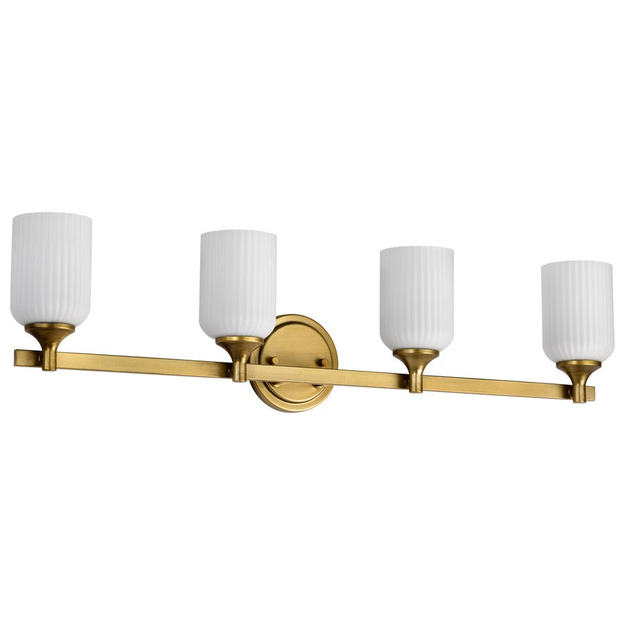 Nuvo Solara 33in 4-Light Vanity Light | Transitional Natural Brass Steel and Frosted Ribbed Glass | Bathroom Vanity | 6 x 32 x 8 in | Model 60-8664