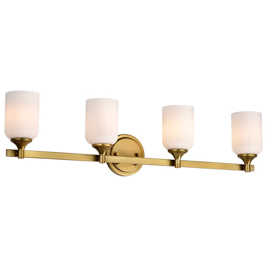 Nuvo Solara 33in 4-Light Vanity Light | Transitional Natural Brass Steel and Frosted Ribbed Glass | Bathroom Vanity | 6 x 32 x 8 in | Model 60-8664