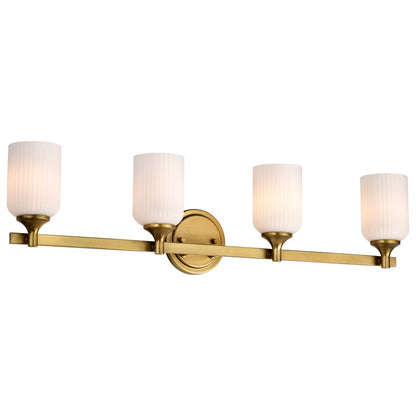 Nuvo Solara 33in 4-Light Vanity Light | Transitional Natural Brass Steel and Frosted Ribbed Glass | Bathroom Vanity | 6 x 32 x 8 in | Model 60-8664
