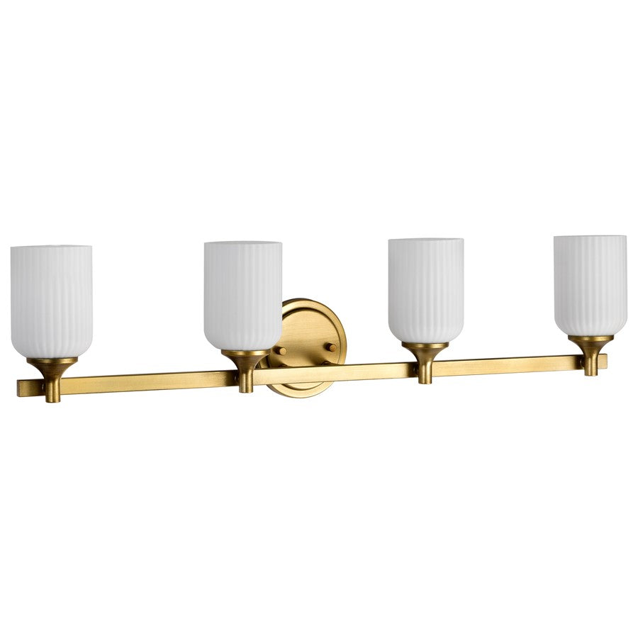 Nuvo Solara 33in 4-Light Vanity Light | Transitional Natural Brass Steel and Frosted Ribbed Glass | Bathroom Vanity | 6 x 32 x 8 in | Model 60-8664