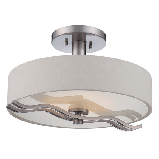 Nuvo Wave 16in 1-Light LED Semi Flush | Contemporary Brushed Nickel and White Linen Fabric | Entryway & Hallway | 16 x 16 x 9.75 in | Model 62-118