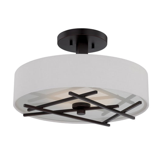 Nuvo Lighting Stix 15in 1-Light LED Semi Flush Mount | Contemporary Patina Bronze and White Linen Fabric | Bedroom & Hallway | 15 x 15 x | Model 62-119