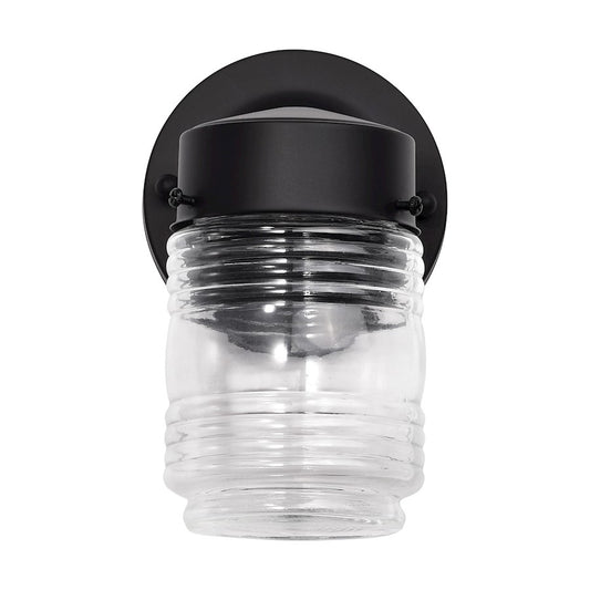 Nuvo Lighting Cyprus 7.4in 1-Light Outdoor Wall Sconce | Industrial Black Steel and Clear Ribbed Glass | Covered Porch & Patio Entryway | Model 62-1573