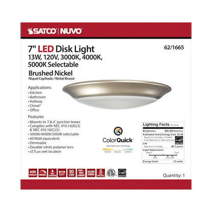 Nuvo Lighting 7in 1-Light LED Flush Mount | Transitional Brushed Nickel | Closet, Bathroom & Wet Location | 7 x 7 x 1 in, 120V Dimmable | Model 62-1665