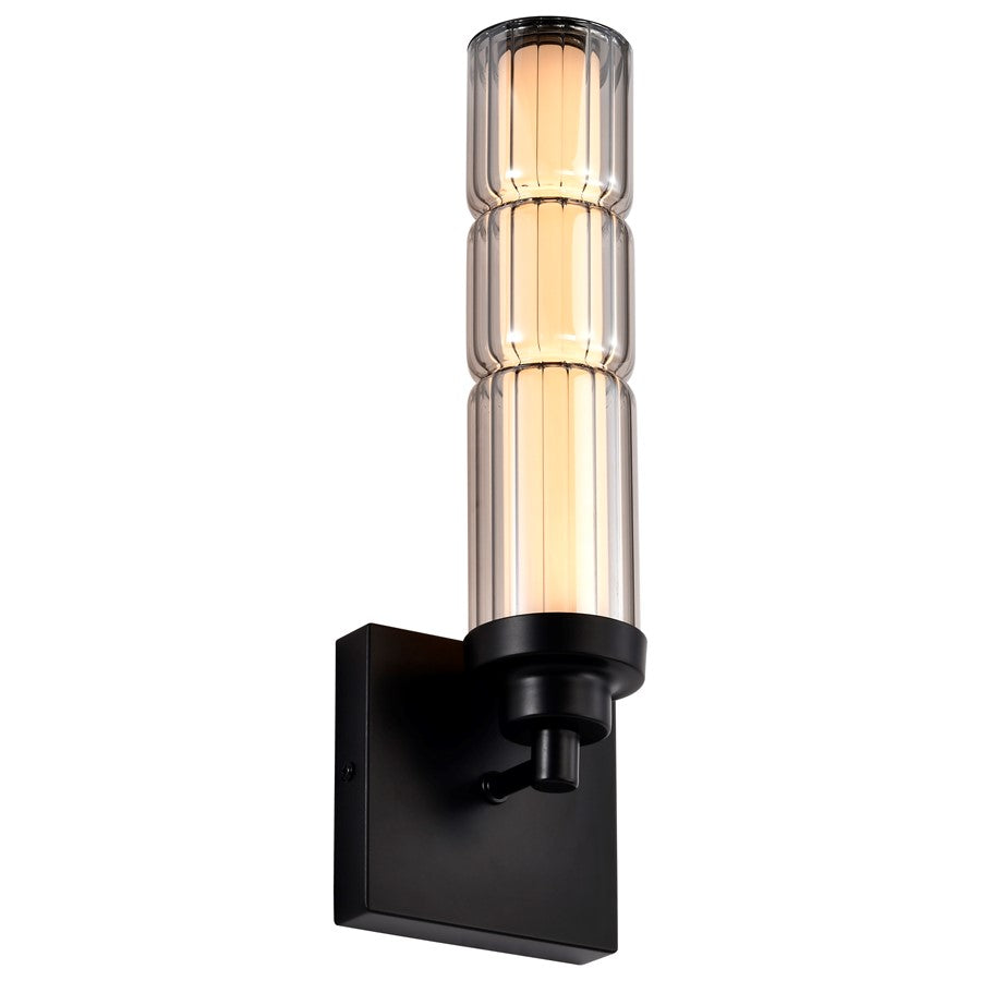 Nuvo Evander 15in 1-Light LED Wall Sconce | Modern Matte Black Aluminum and Smoked Glass | Hallway & Bathroom Accent | 4.75 x 4.13 x 15.13 | Model 62-2453