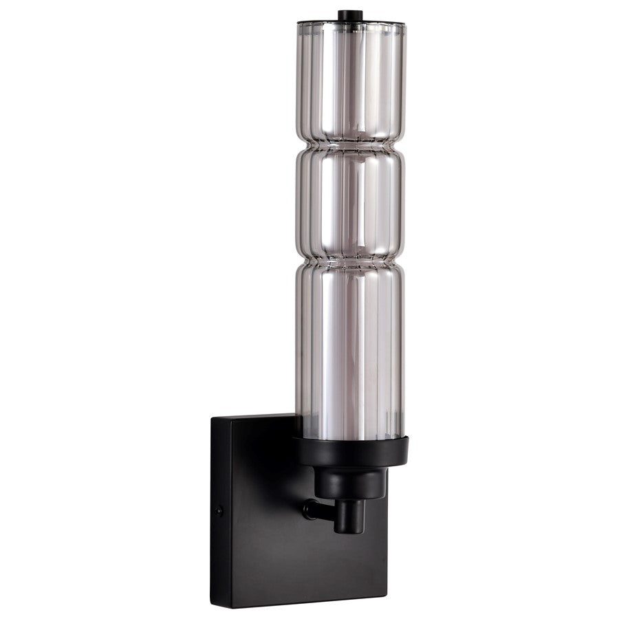 Nuvo Evander 15in 1-Light LED Wall Sconce | Modern Matte Black Aluminum and Smoked Glass | Hallway & Bathroom Accent | 4.75 x 4.13 x 15.13 | Model 62-2453
