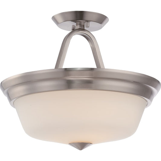 Nuvo Calvin 13in 2-Light Semi Flush | Transitional Brushed Nickel and Satin White Glass | Bedroom & Hallway | 13 x 10.88 in | Model 62-364