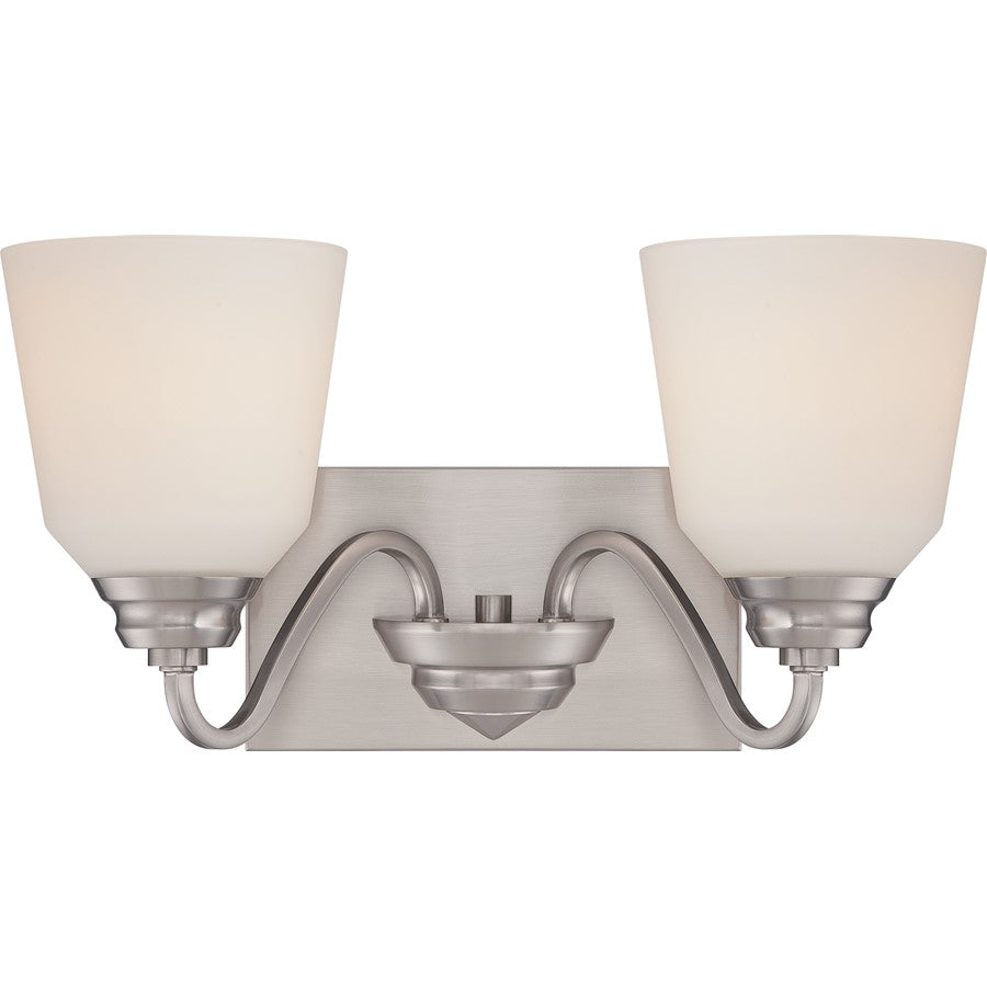Nuvo Calvin 15.75in 2-Light Vanity Light | Transitional Brushed Nickel and Satin White Glass | Bathroom Vanity | 15.75 x 8.5 x 8.38 in | Model 62-367