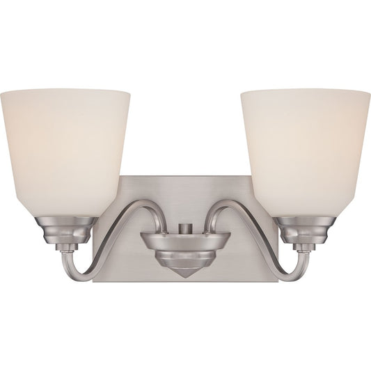 Nuvo Calvin 15.75in 2-Light Vanity Light | Transitional Brushed Nickel and Satin White Glass | Bathroom Vanity | 15.75 x 8.5 x 8.38 in | Model 62-367