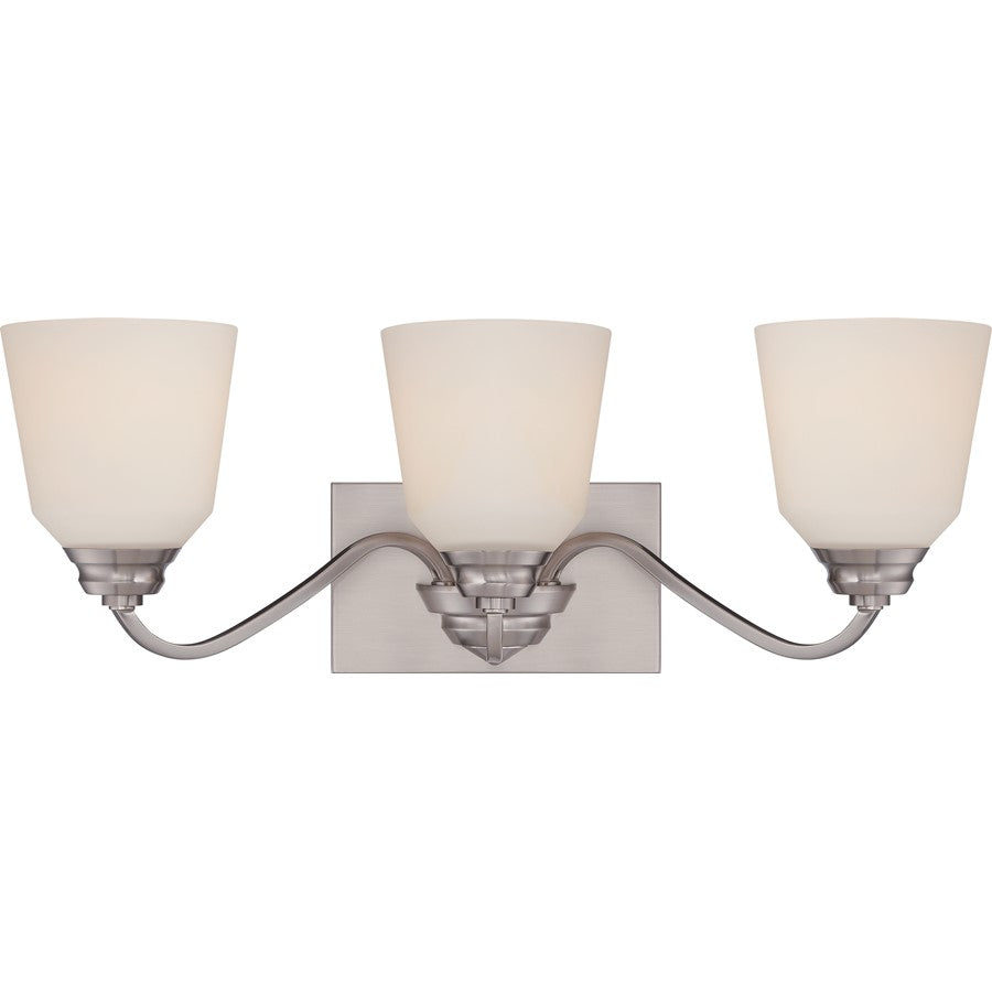 Nuvo Calvin 24in 3-Light Vanity Light | Transitional Brushed Nickel and Satin White Glass | Bathroom Vanity | 23.88 x 8.5 in | Model 62-368