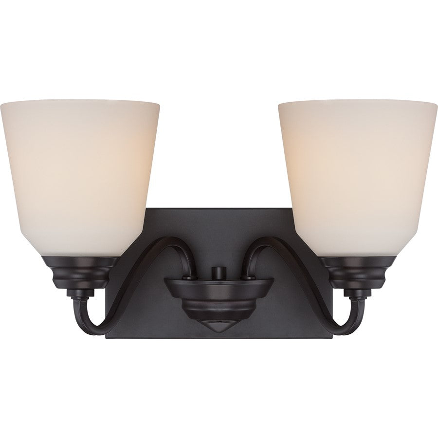 Nuvo Calvin 15.75in 2-Light Vanity Light | Transitional Mahogany Bronze and Satin White Glass | Bathroom Vanity | 15.75 x 8.5 in | Model 62-377