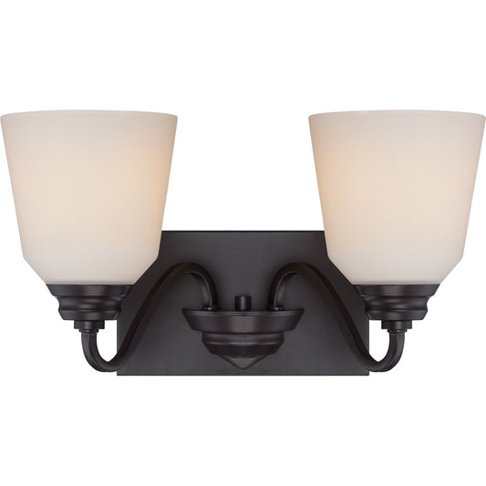 Nuvo Calvin 15.75in 2-Light Vanity Light | Transitional Mahogany Bronze and Satin White Glass | Bathroom Vanity | 15.75 x 8.5 in | Model 62-377