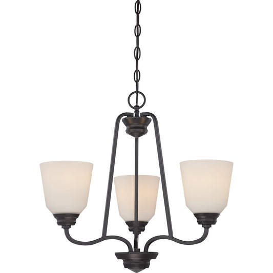 Nuvo Calvin 22in 3-Light Chandelier | Transitional Mahogany Bronze and Satin White Glass | Dining Room & Living Room | 22 x 22 x 20 in | Model 62-379