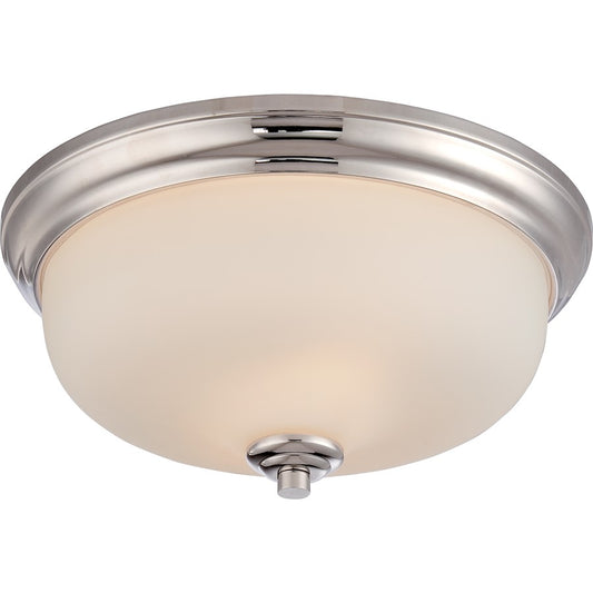 Nuvo Kirk 13in 2-Light Flush Mount | Transitional Polished Nickel and Etched Opal Glass | Bedroom & Hallway | 13 x 6 in | Model 62-383